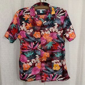 Old Navy S Slim Burgundy Coral Green Tropical Hawaiian Short Sleeve Casual Shirt